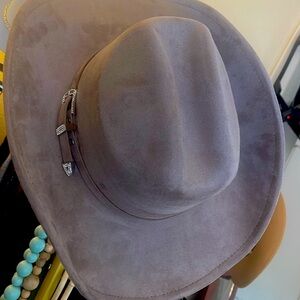 70. Taupe Faux Suede Hat w/ Rhinestone Buckle